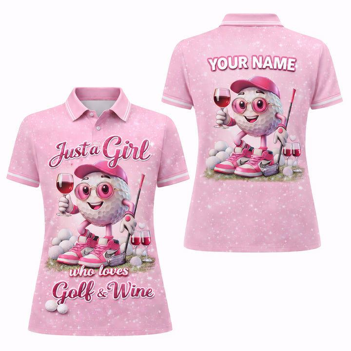 Women Golf Polo Shirt Funny Golf & Wine Lover Custom Name Pink Cute Golf Ball Design