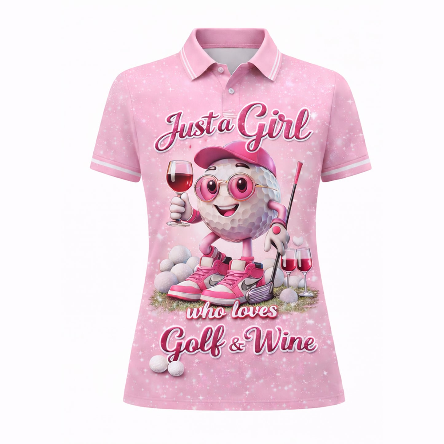 Women Golf Polo Shirt Funny Golf & Wine Lover Custom Name Pink Cute Golf Ball Design