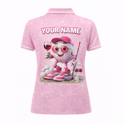 Women Golf Polo Shirt Funny Golf & Wine Lover Custom Name Pink Cute Golf Ball Design