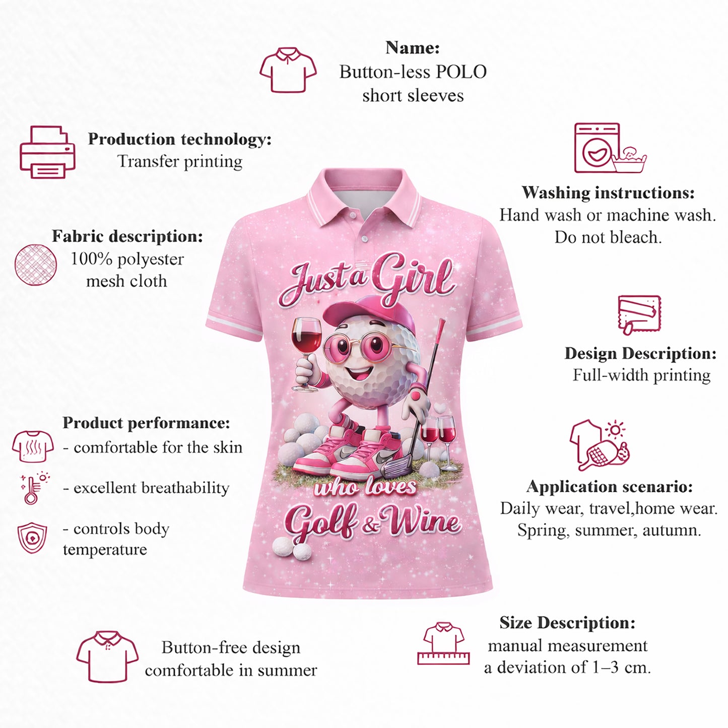 Women Golf Polo Shirt Funny Golf & Wine Lover Custom Name Pink Cute Golf Ball Design