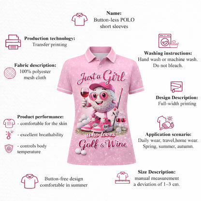 Women Golf Polo Shirt Funny Golf & Wine Lover Custom Name Pink Cute Golf Ball Design
