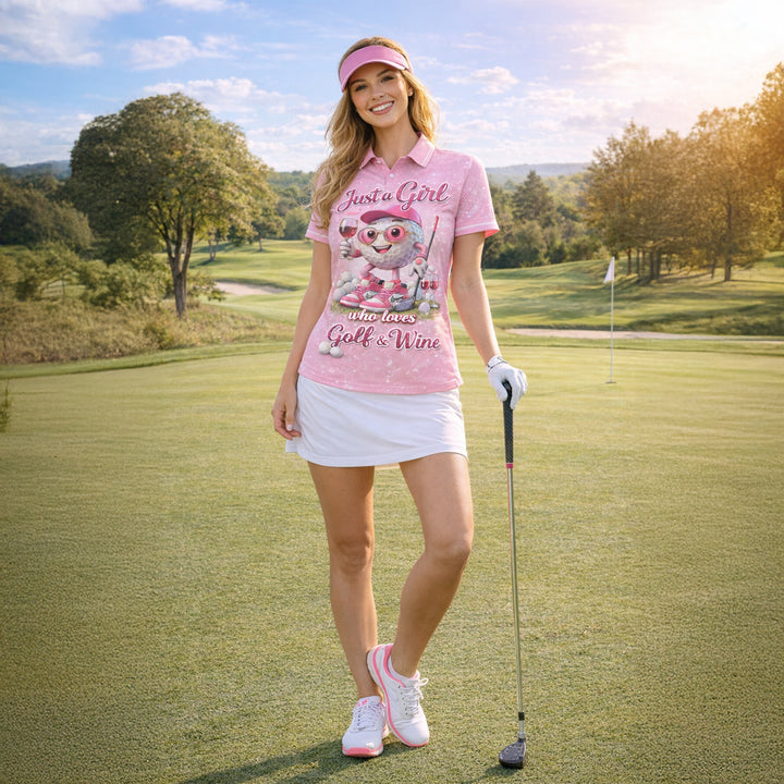 Women Golf Polo Shirt Funny Golf & Wine Lover Custom Name Pink Cute Golf Ball Design