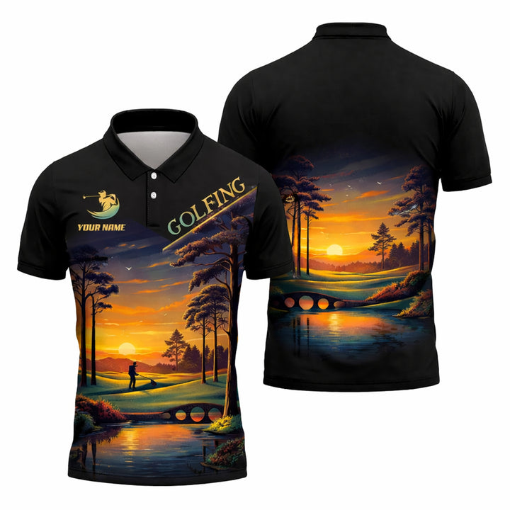 Personalized Golf Polo Shirt Sunset Landscape Design Custom Name Breathable Athletic Golf Shirt