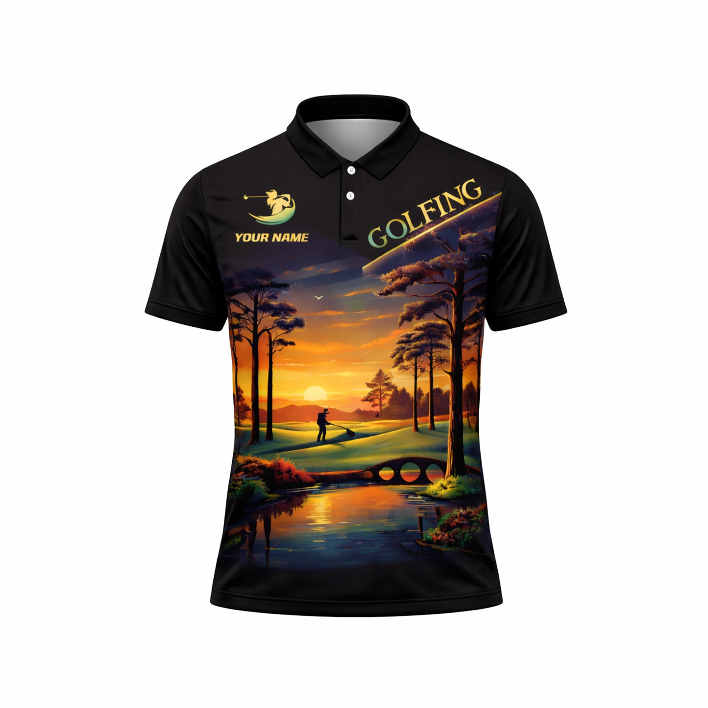 Personalized Golf Polo Shirt Sunset Landscape Design Custom Name Breathable Athletic Golf Shirt