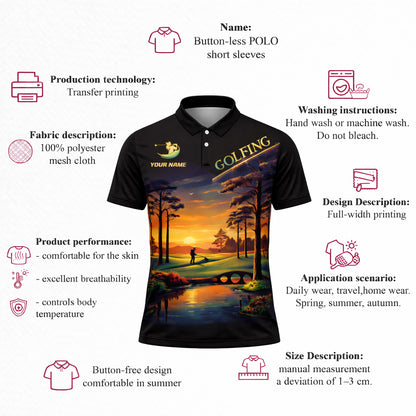 Personalized Golf Polo Shirt Sunset Landscape Design Custom Name Breathable Athletic Golf Shirt