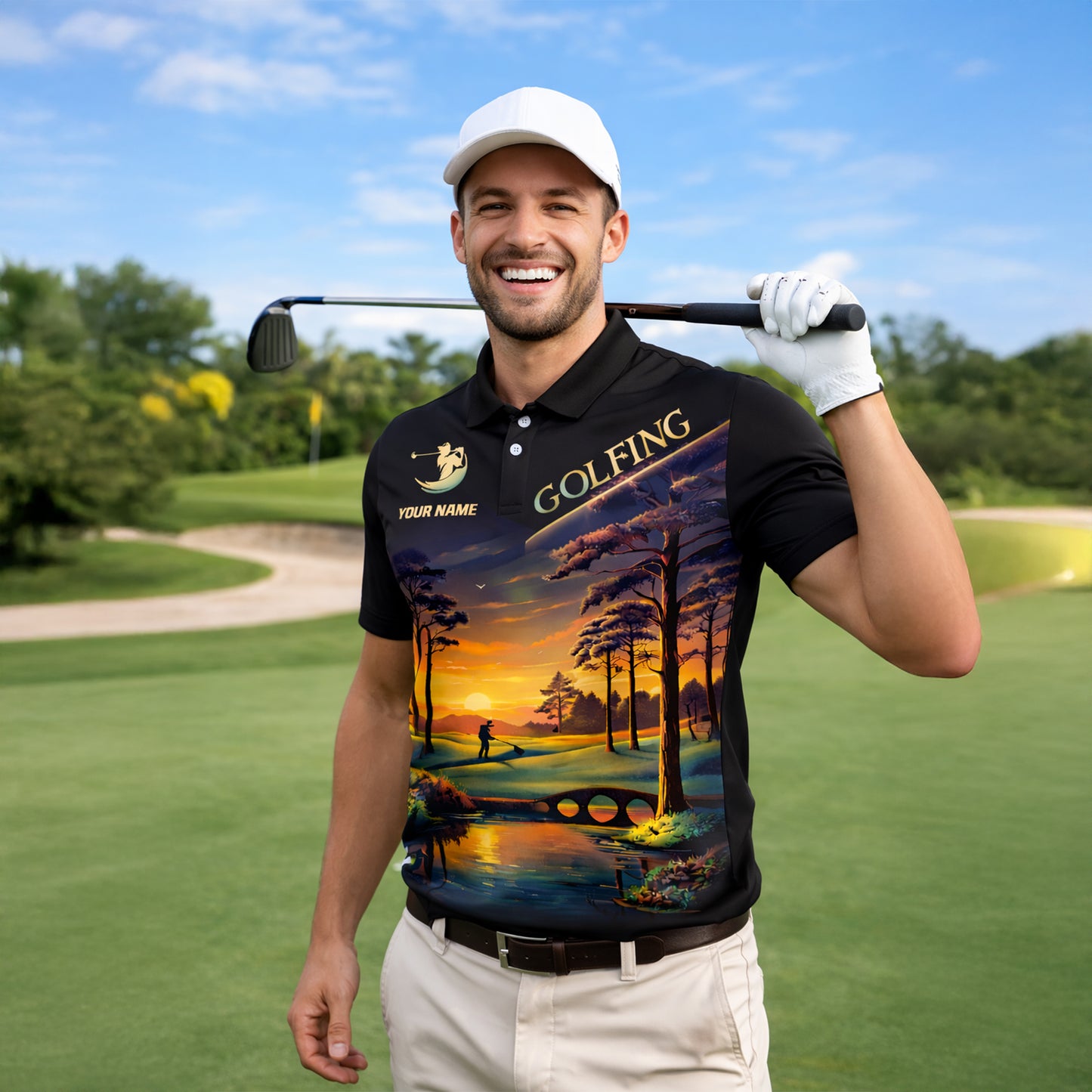 Personalized Golf Polo Shirt Sunset Landscape Design Custom Name Breathable Athletic Golf Shirt