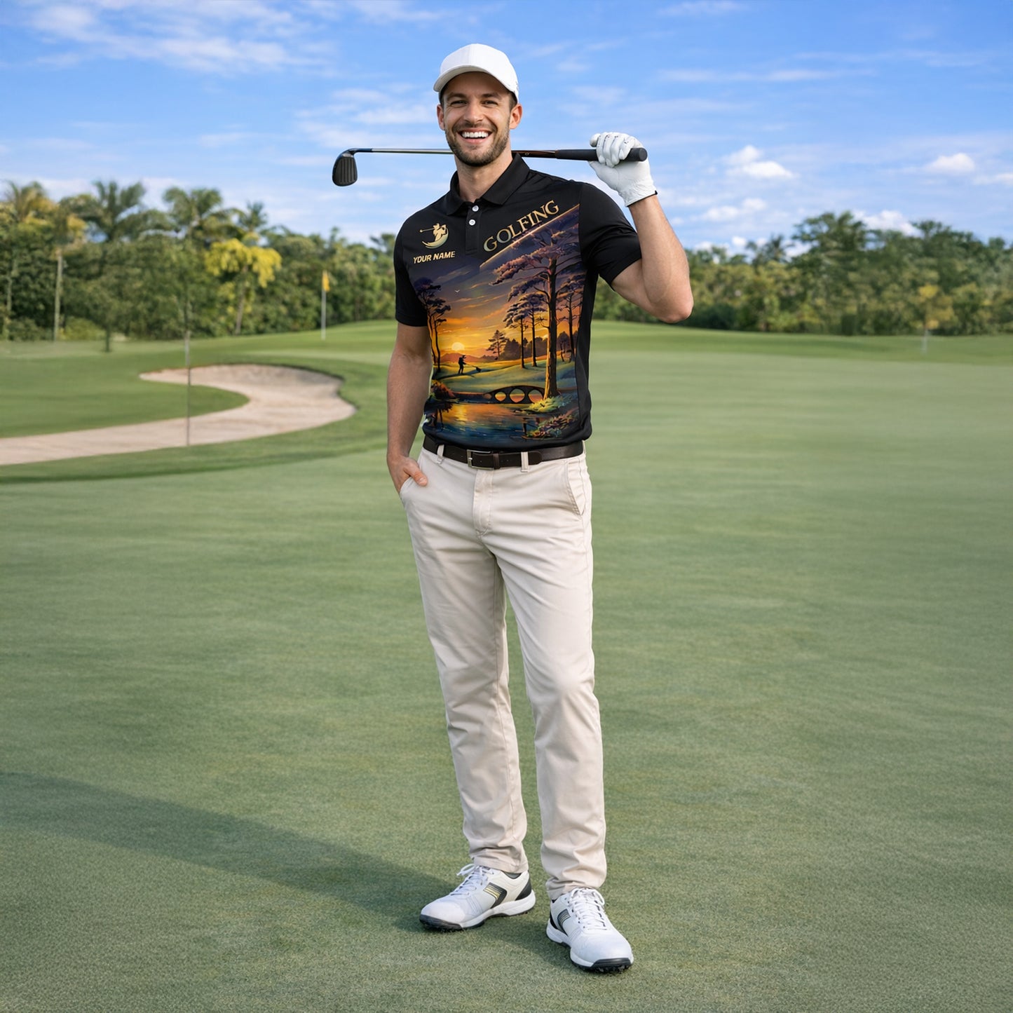 Personalized Golf Polo Shirt Sunset Landscape Design Custom Name Breathable Athletic Golf Shirt