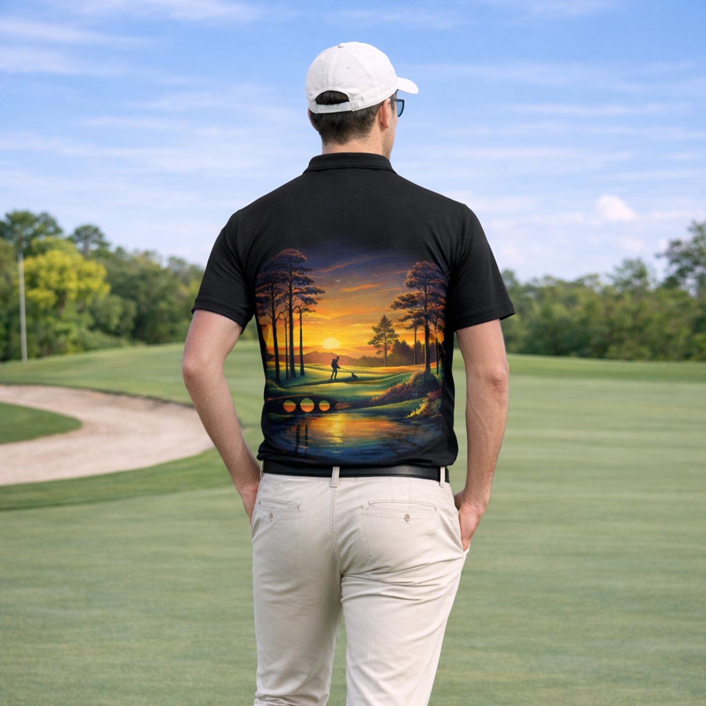 Personalized Golf Polo Shirt Sunset Landscape Design Custom Name Breathable Athletic Golf Shirt