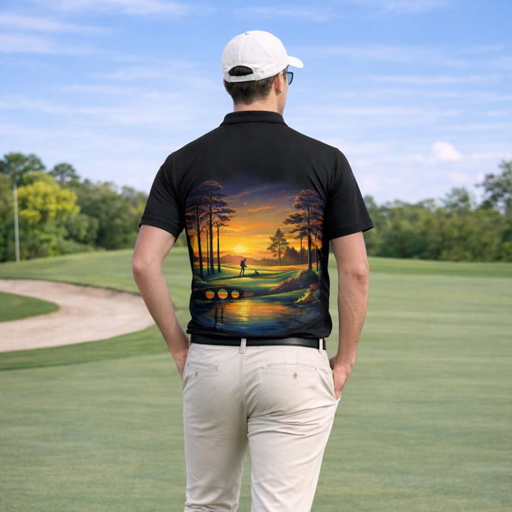 Personalized Golf Polo Shirt Sunset Landscape Design Custom Name Breathable Athletic Golf Shirt