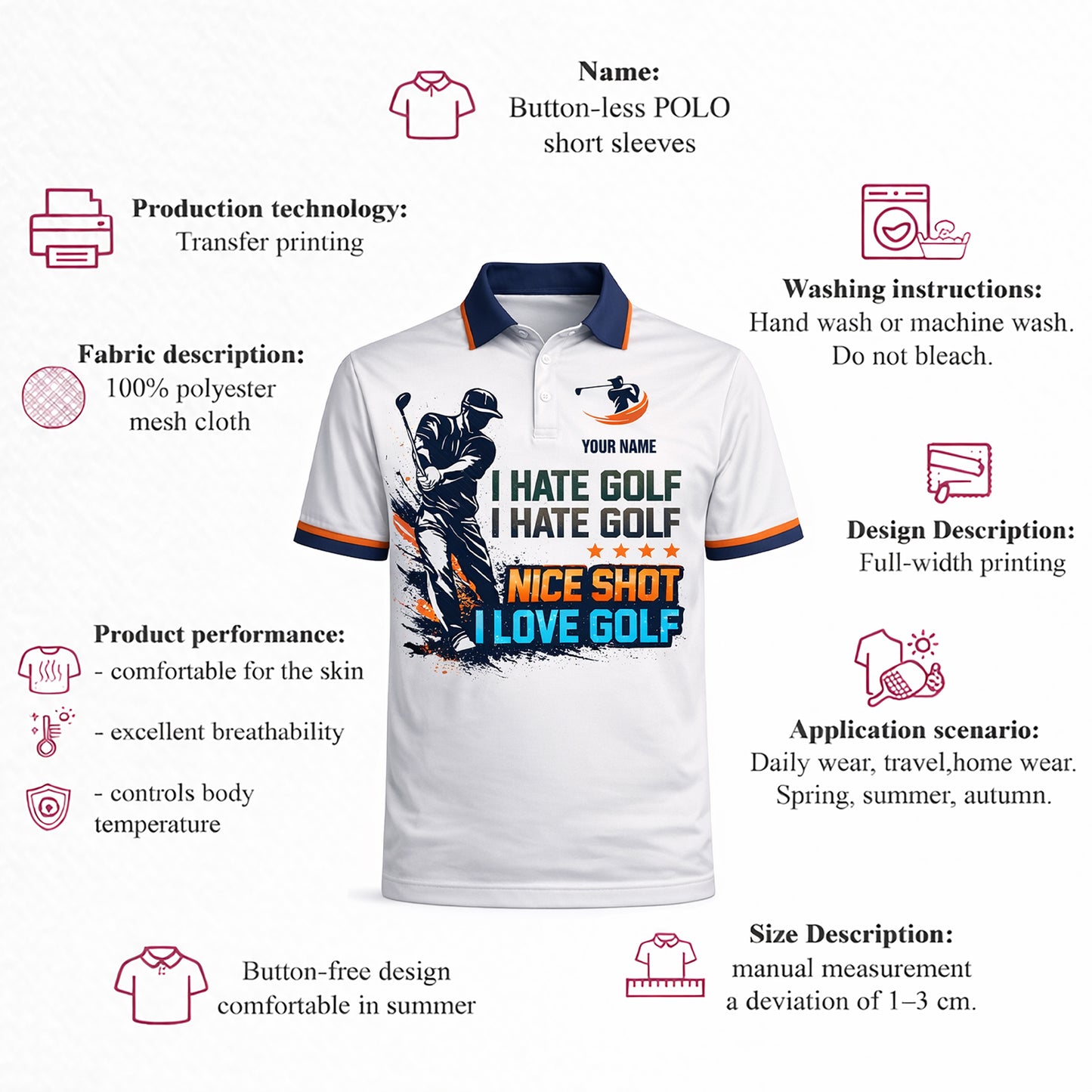 Personalized Golf Polo Shirt Funny Golf Saying I Hate Golf Nice Shot I Love Golf Custom Name Breathable Performance Tee