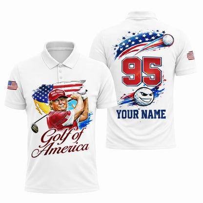Personalized Golf Polo Shirt Patriotic USA Flag Golf Ball Graphic Custom Name Performance Tee