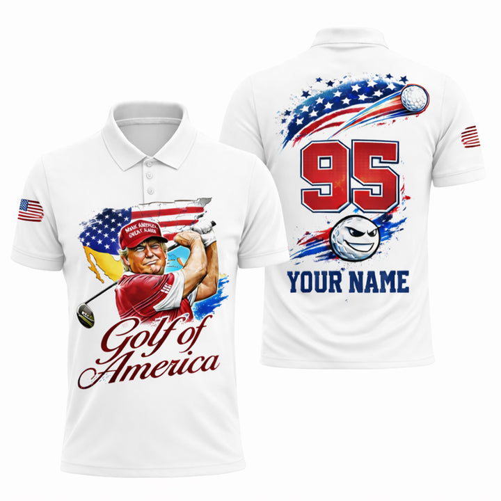 Personalized Golf Polo Shirt Patriotic USA Flag Golf Ball Graphic Custom Name Performance Tee