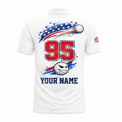 Personalized Golf Polo Shirt Patriotic USA Flag Golf Ball Graphic Custom Name Performance Tee