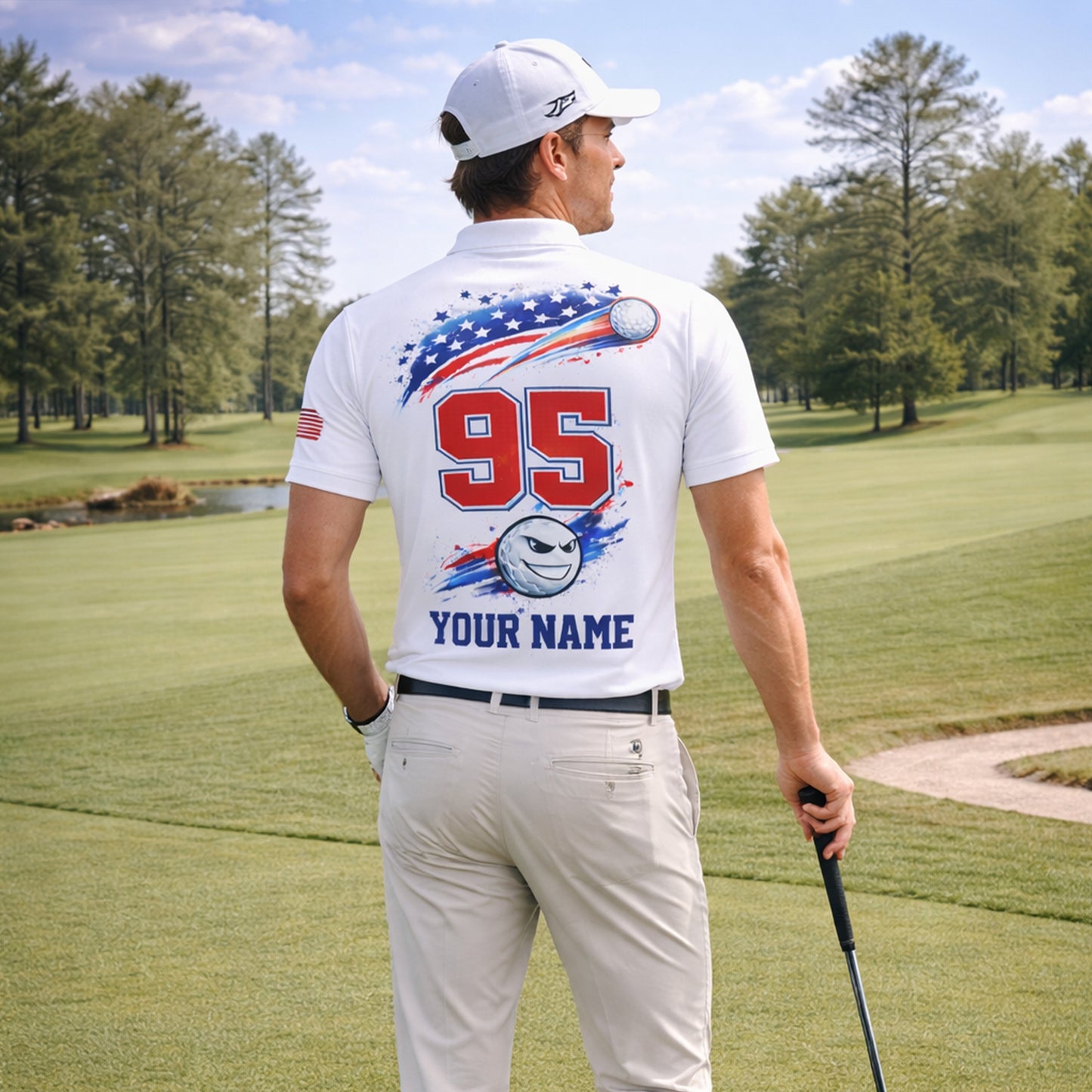 Personalized Golf Polo Shirt Patriotic USA Flag Golf Ball Graphic Custom Name Performance Tee