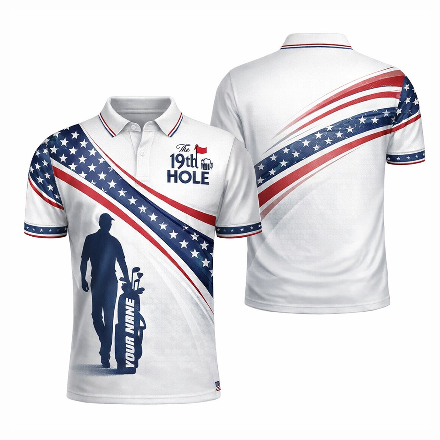 Personalized Golf Polo Shirt USA Flag Patriotic 19th Hole Design Custom Name Breathable Performance Shirt