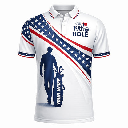 Personalized Golf Polo Shirt USA Flag Patriotic 19th Hole Design Custom Name Breathable Performance Shirt