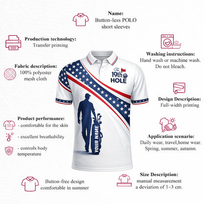 Personalized Golf Polo Shirt USA Flag Patriotic 19th Hole Design Custom Name Breathable Performance Shirt