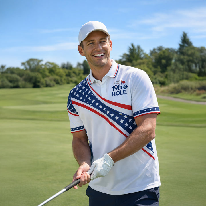 Personalized Golf Polo Shirt USA Flag Patriotic 19th Hole Design Custom Name Breathable Performance Shirt