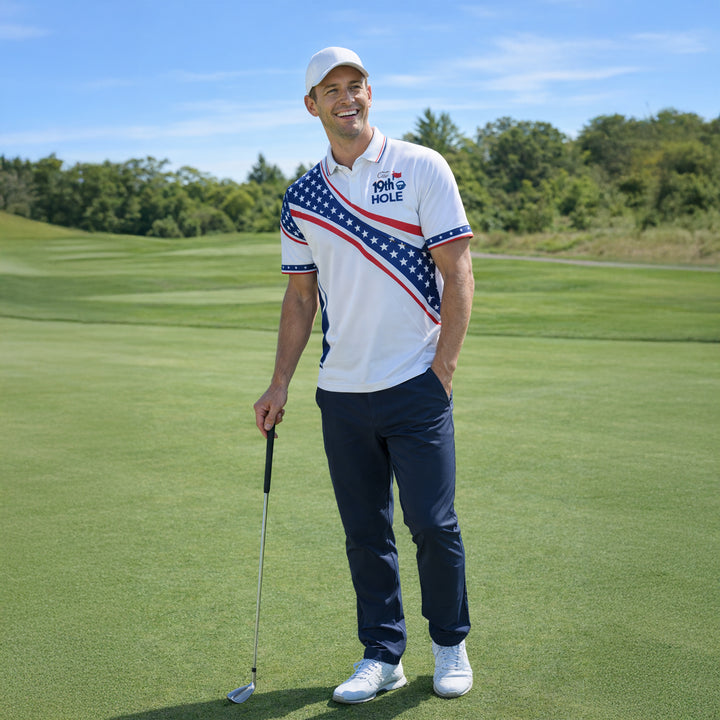 Personalized Golf Polo Shirt USA Flag Patriotic 19th Hole Design Custom Name Breathable Performance Shirt