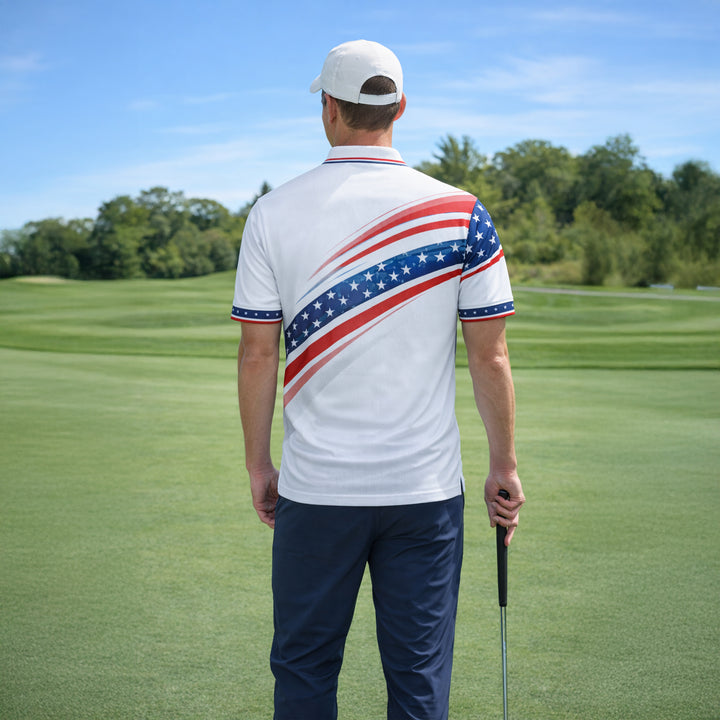 Personalized Golf Polo Shirt USA Flag Patriotic 19th Hole Design Custom Name Breathable Performance Shirt
