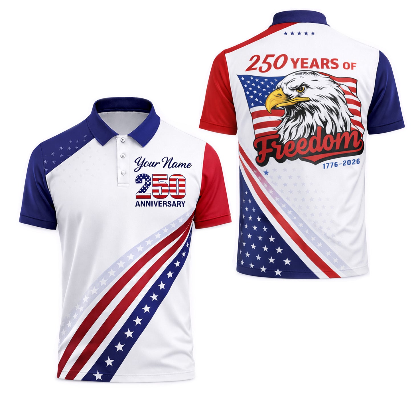 Patriotic Polo Shirt 250 Years Anniversary Freedom Eagle Custom Name USA Flag Design Unisex