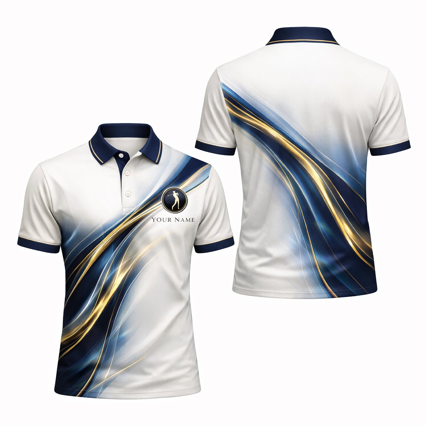 Custom Golf Polo Shirt Personalized Name Elegant Blue Gold Wave Performance Polo for Men Women