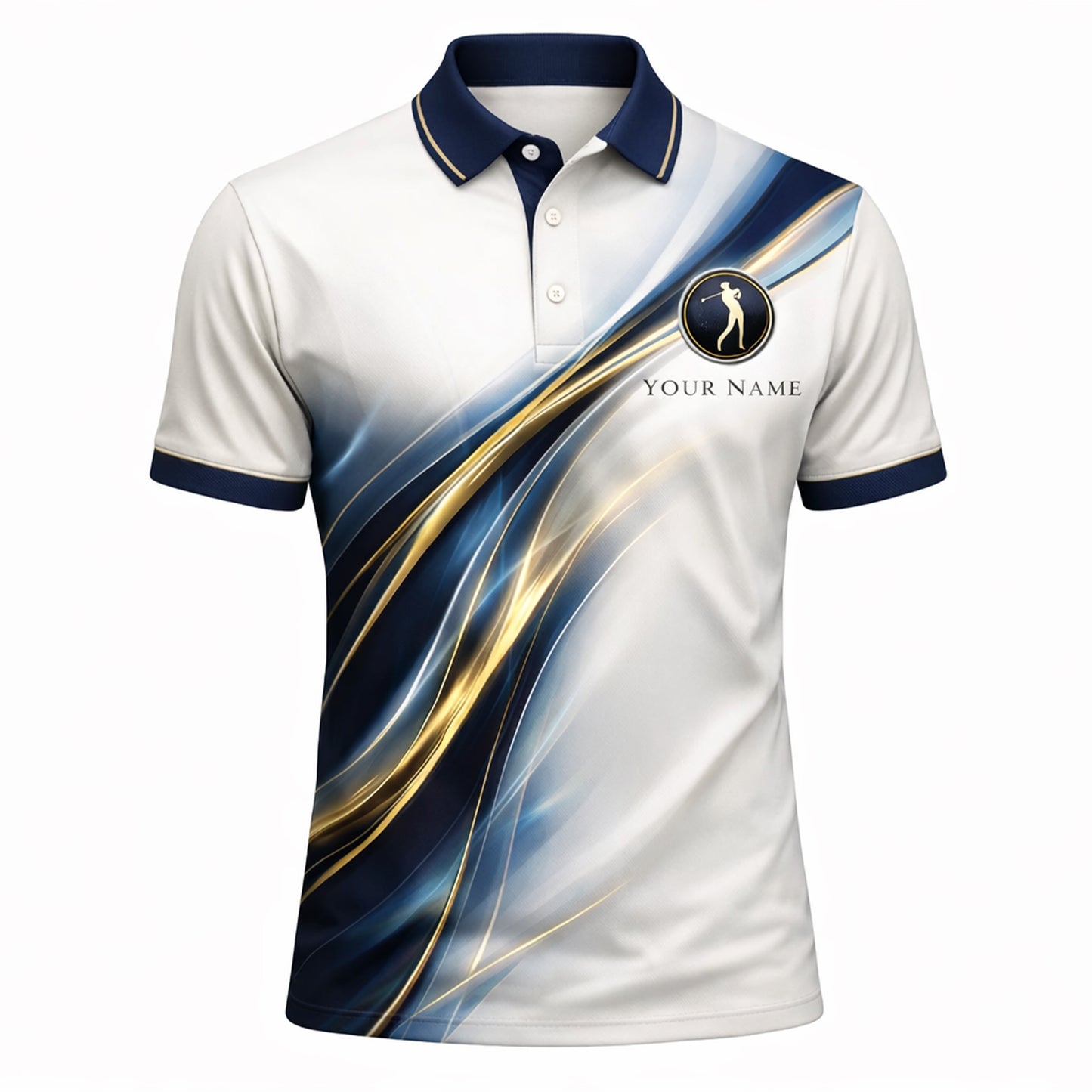 Custom Golf Polo Shirt Personalized Name Elegant Blue Gold Wave Performance Polo for Men Women