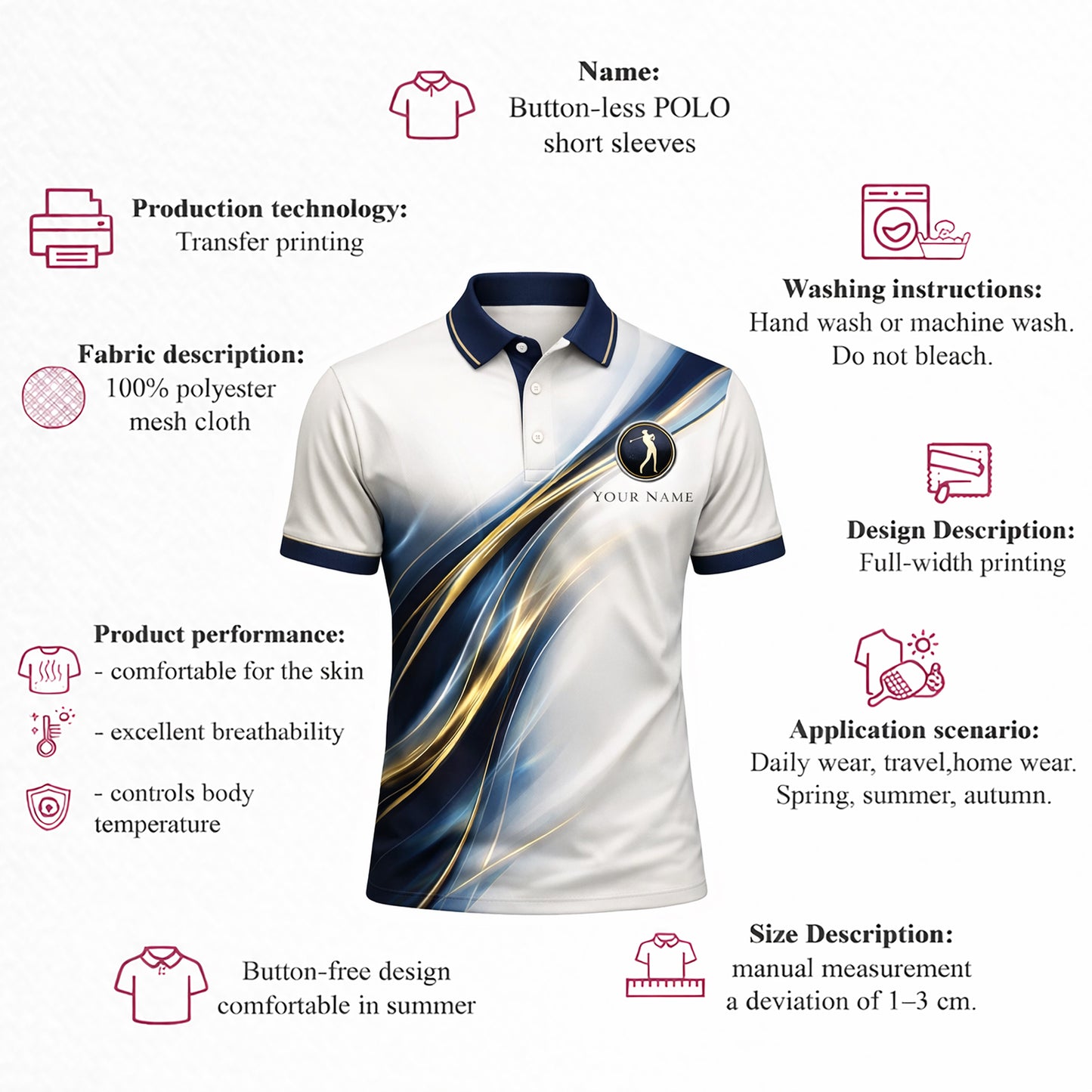 Custom Golf Polo Shirt Personalized Name Elegant Blue Gold Wave Performance Polo for Men Women
