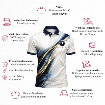 Custom Golf Polo Shirt Personalized Name Elegant Blue Gold Wave Performance Polo for Men Women