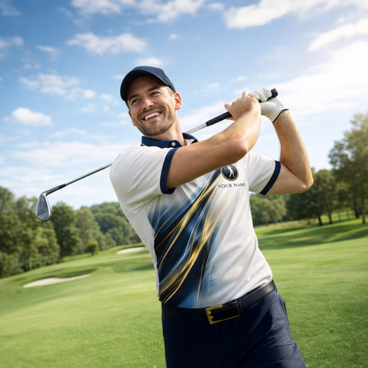 Custom Golf Polo Shirt Personalized Name Elegant Blue Gold Wave Performance Polo for Men Women