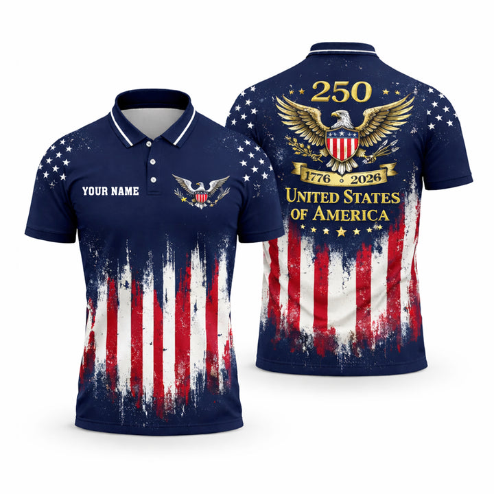USA 250th Anniversary Polo Shirt Custom Name Patriotic American Flag 1776-2026 Eagle Design Performance Polo