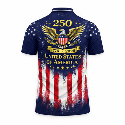USA 250th Anniversary Polo Shirt Custom Name Patriotic American Flag 1776-2026 Eagle Design Performance Polo