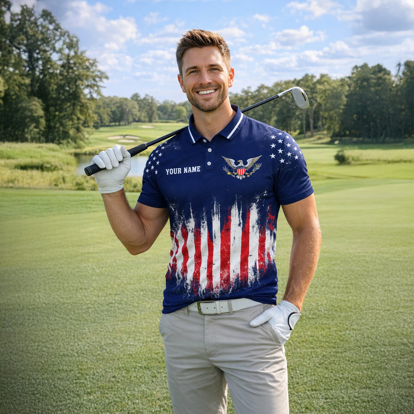 USA 250th Anniversary Polo Shirt Custom Name Patriotic American Flag 1776-2026 Eagle Design Performance Polo