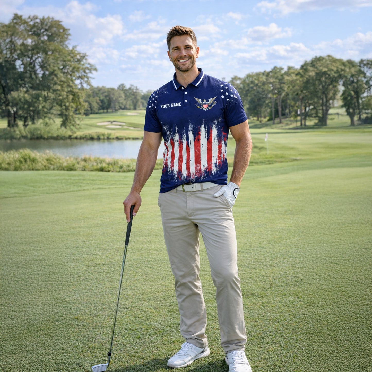 USA 250th Anniversary Polo Shirt Custom Name Patriotic American Flag 1776-2026 Eagle Design Performance Polo