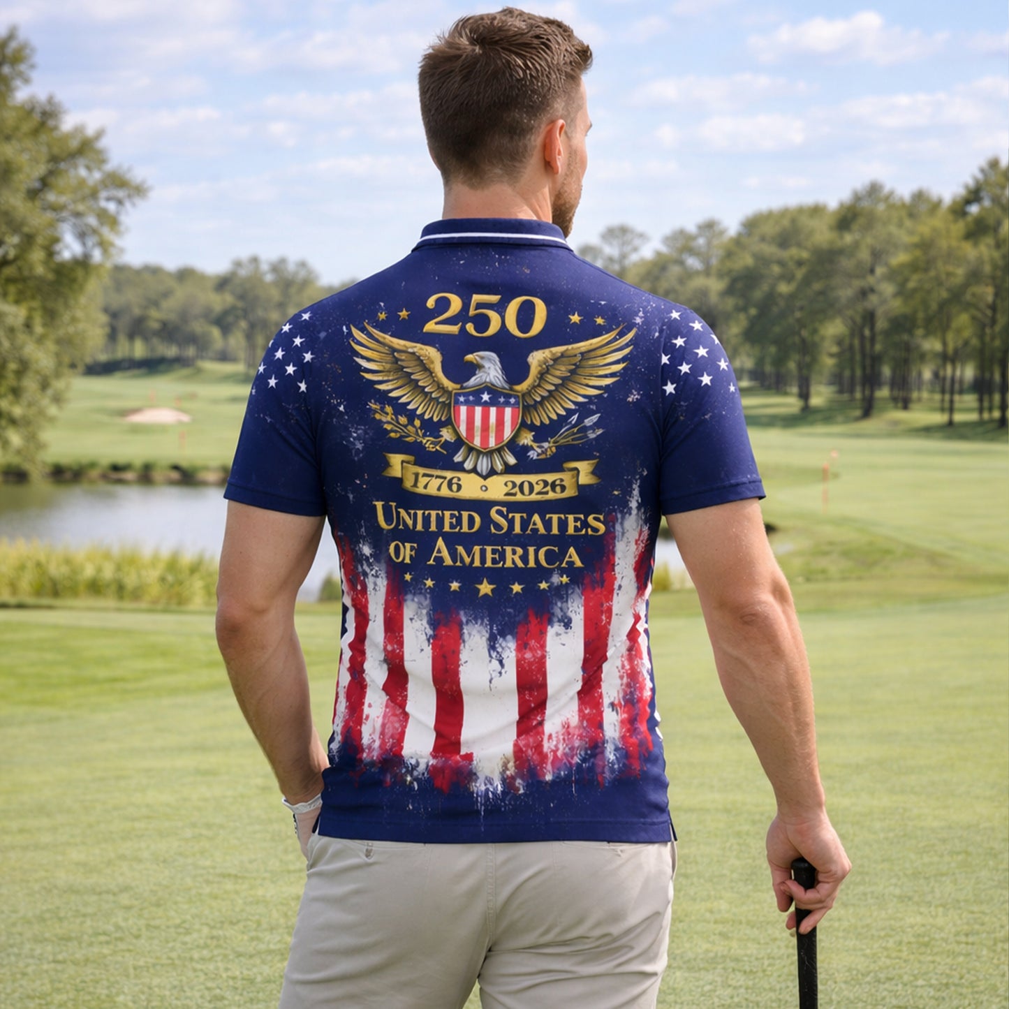 USA 250th Anniversary Polo Shirt Custom Name Patriotic American Flag 1776-2026 Eagle Design Performance Polo