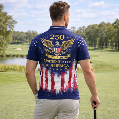 USA 250th Anniversary Polo Shirt Custom Name Patriotic American Flag 1776-2026 Eagle Design Performance Polo