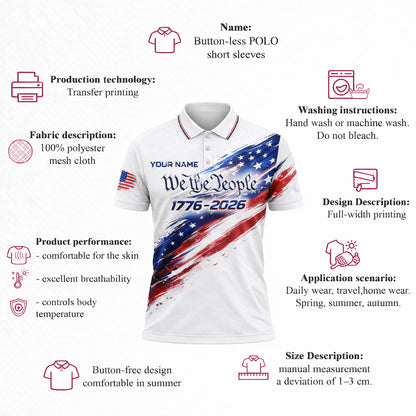 Patriotic Golf Polo Shirt Custom Name USA 250th Anniversary 1776-2026 We The People Design Performance Polo