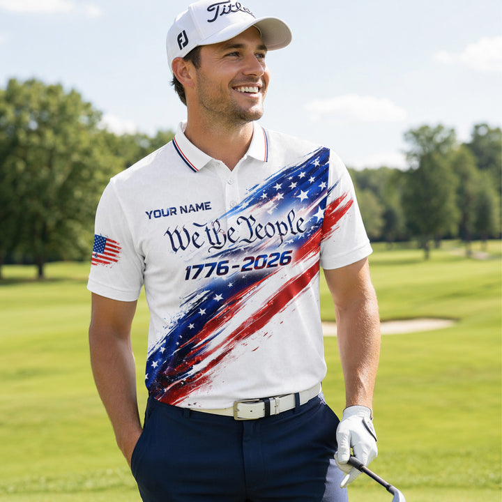 Patriotic Golf Polo Shirt Custom Name USA 250th Anniversary 1776-2026 We The People Design Performance Polo
