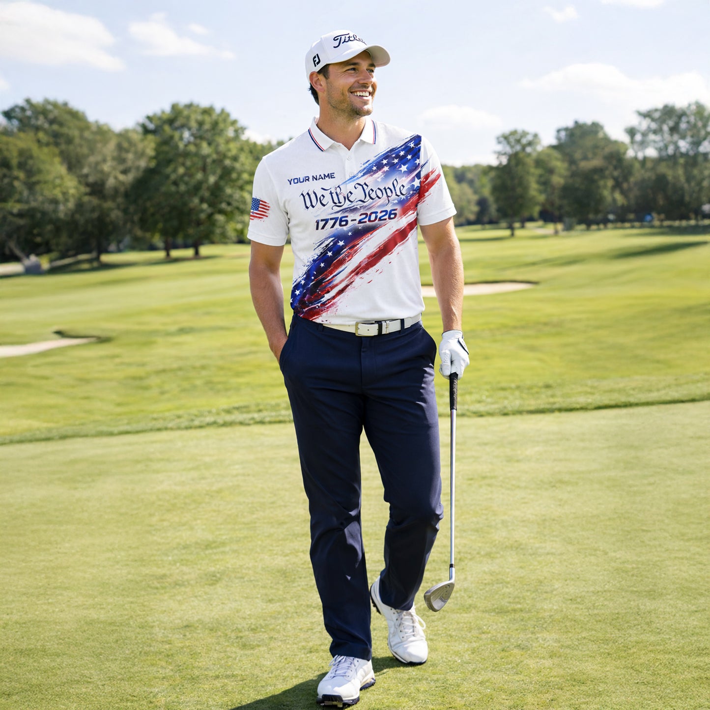 Patriotic Golf Polo Shirt Custom Name USA 250th Anniversary 1776-2026 We The People Design Performance Polo