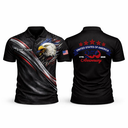 Custom USA 250th Anniversary Polo Shirt Personalized Name American Eagle Patriotic Performance Golf Shirt