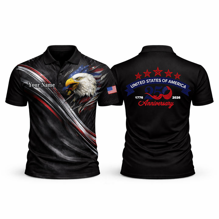 Custom USA 250th Anniversary Polo Shirt Personalized Name American Eagle Patriotic Performance Golf Shirt