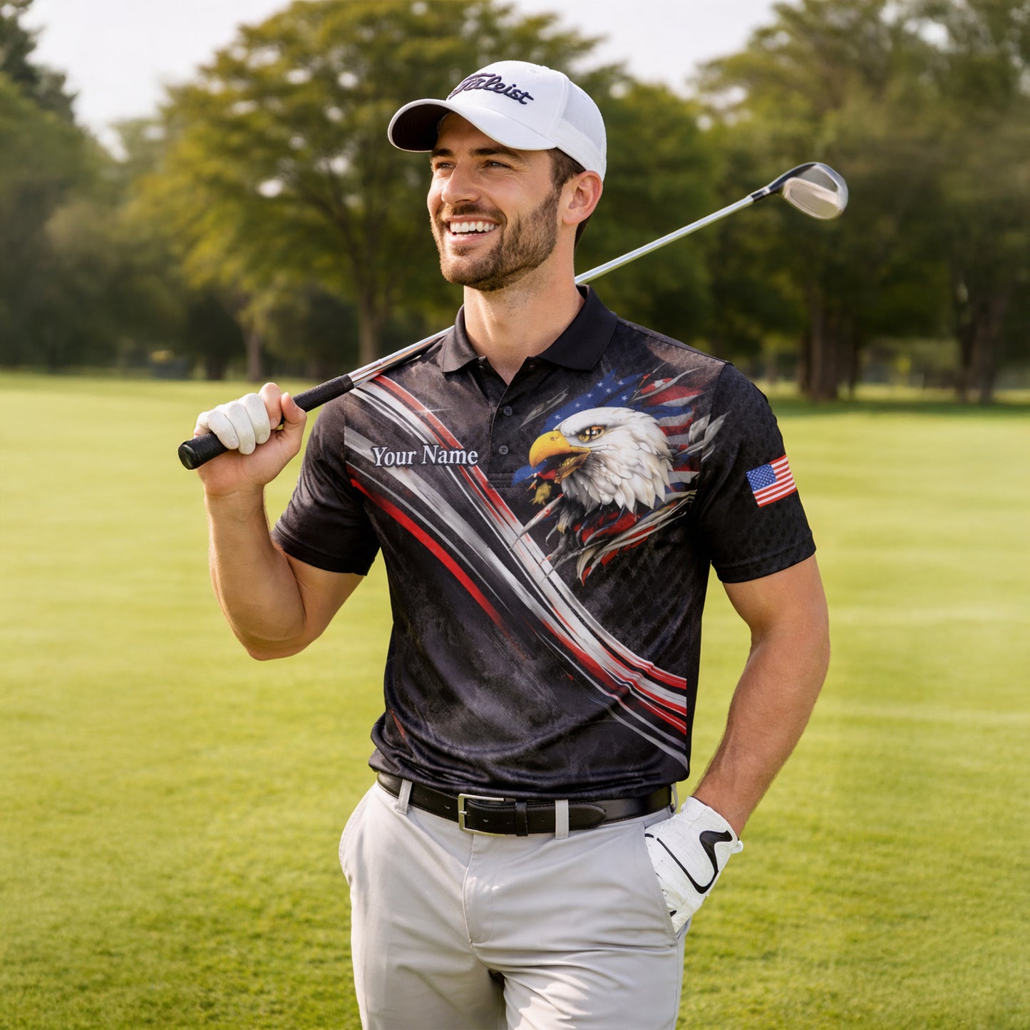 Custom USA 250th Anniversary Polo Shirt Personalized Name American Eagle Patriotic Performance Golf Shirt