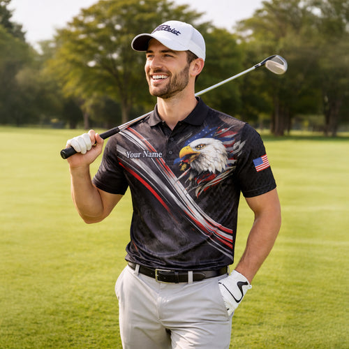 Custom USA 250th Anniversary Polo Shirt Personalized Name American Eagle Patriotic Performance Golf Shirt