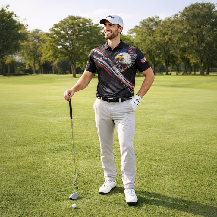 Custom USA 250th Anniversary Polo Shirt Personalized Name American Eagle Patriotic Performance Golf Shirt