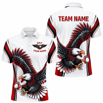 Golf Polo Shirt Custom Team Name Eagle Graphic Red Black White Sport Design Unisex