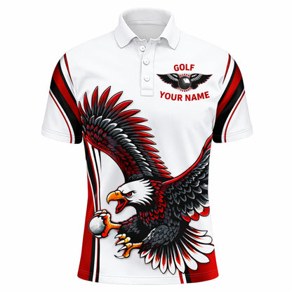 Golf Polo Shirt Custom Team Name Eagle Graphic Red Black White Sport Design Unisex