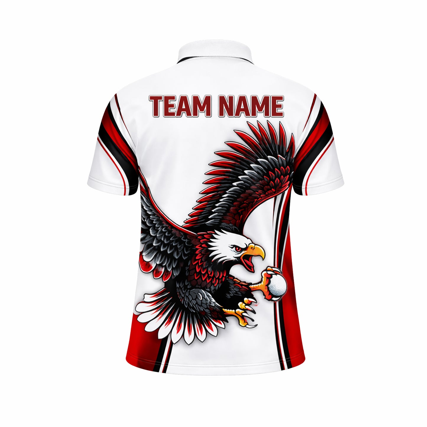 Golf Polo Shirt Custom Team Name Eagle Graphic Red Black White Sport Design Unisex