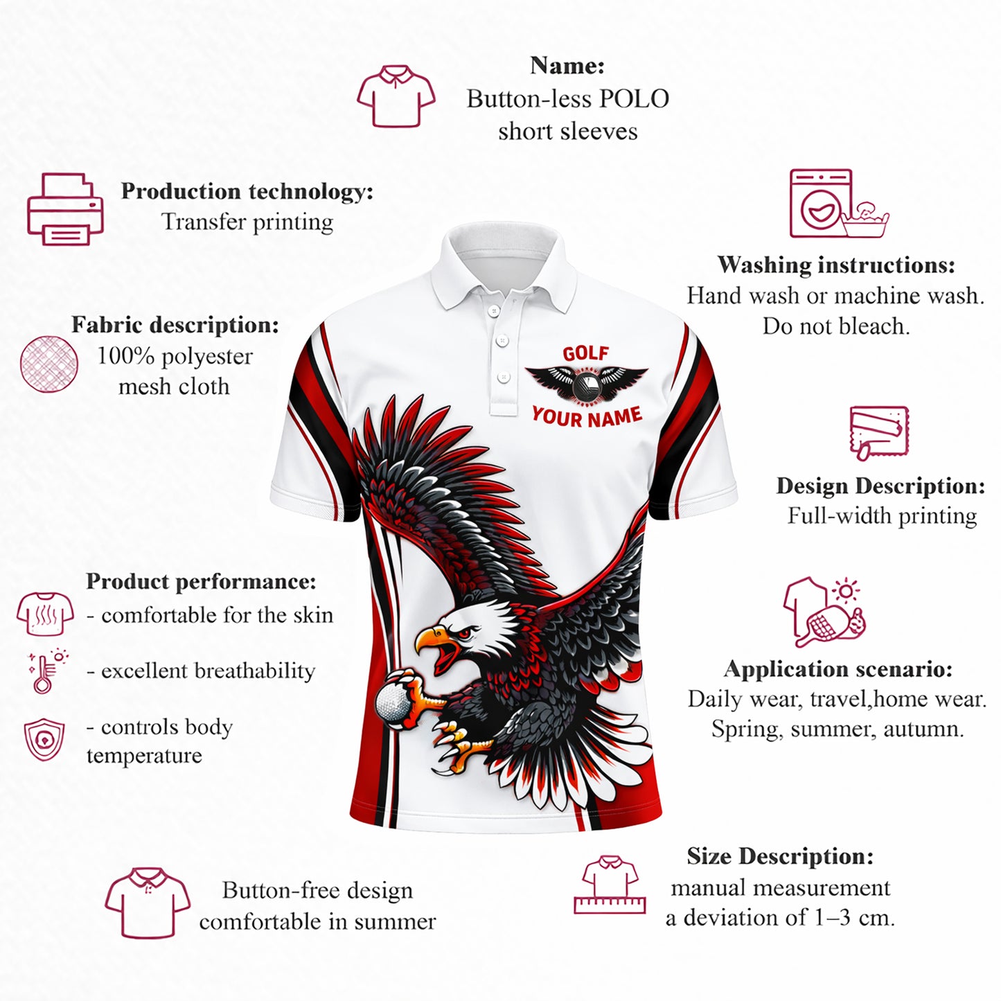 Golf Polo Shirt Custom Team Name Eagle Graphic Red Black White Sport Design Unisex