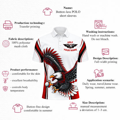 Golf Polo Shirt Custom Team Name Eagle Graphic Red Black White Sport Design Unisex