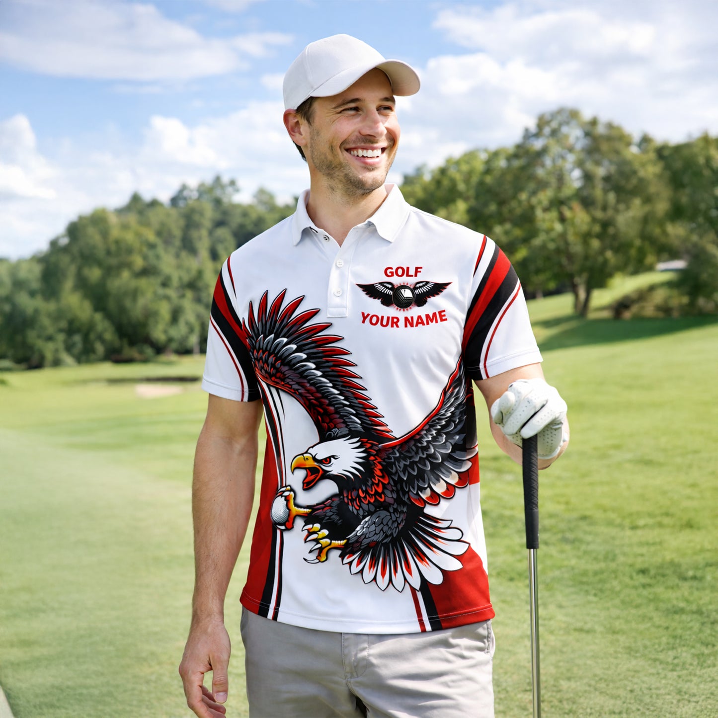 Golf Polo Shirt Custom Team Name Eagle Graphic Red Black White Sport Design Unisex